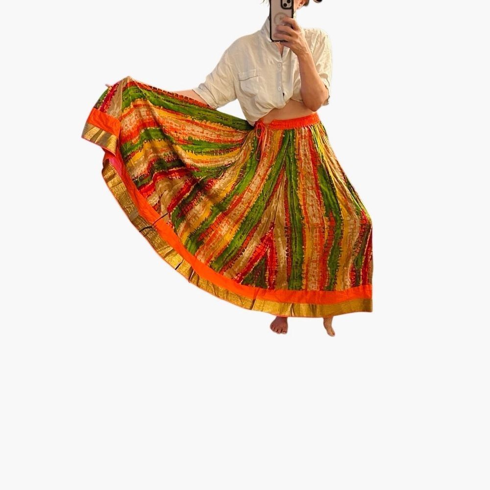 Patchwork Circle Skirt Boho Metallic Jaipur Festive Gold Multicolor Full Maxi OS